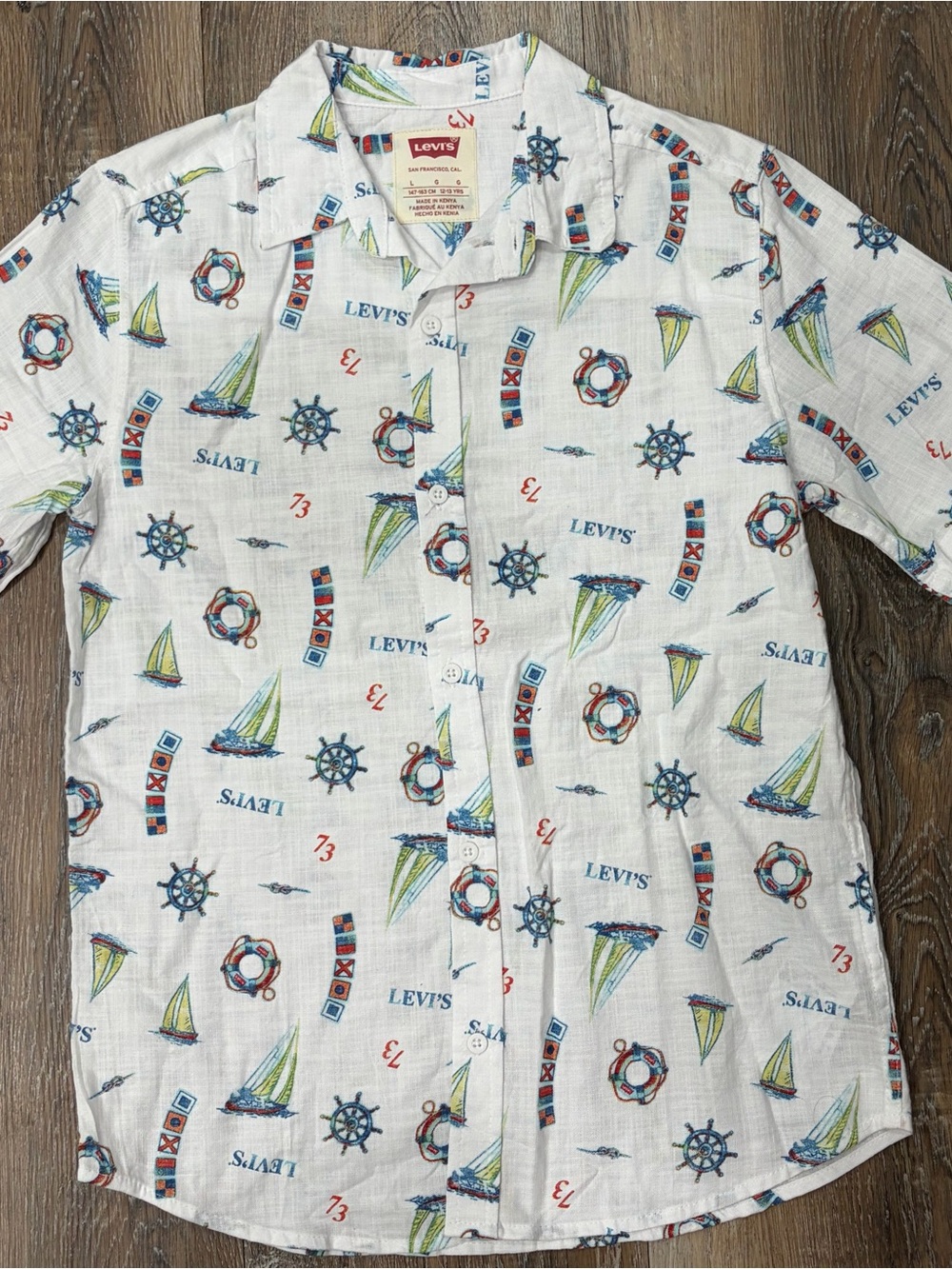 Levi's White Short-Sleeve Nautical Print Button-Down Shirt, Boys Sz Large